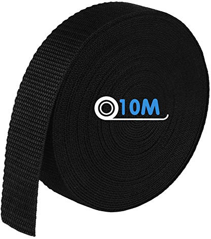 Webbing Strap, Polypropylene Webbing Strap Tape 25mm Wide for DIY Craft Dog Collar, Tow Ropes, Luggage Belt, 10M (11 Yards) Black Luggage Straps for Bag Making/Backpack Strapping/Outdoor Climbing