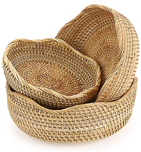 Sumnacon Lot de 3 corbeilles rondes en rotin tissé pour fruits, pain, collations, table de bureau, paniers de rangement décoratifs (bords ondulés)