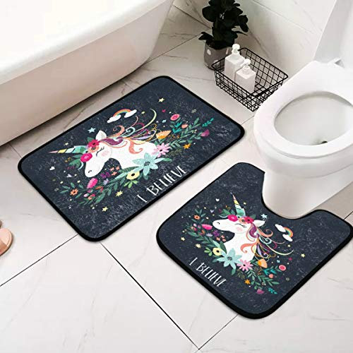 Mnsruu Badezimmerteppich-Set mit Cartoon-Einhorn-Blumen-Zitaten, Wolkenstern, rutschfest, saugfähig, 39,8 x 59,9 cm, Dusch- und Badvorleger 50,8 x 50,8 cm, U-förmiger WC-Vorleger, 2-teilig