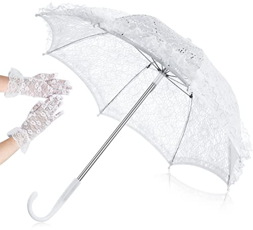 Saintrygo Small White Lace Parasol Umbrella with Floral Wrist Gloves, Small Flowers Embroidery Wedding Parasol for Bride, Cosplay Costume Party Photo Props for Girls Women