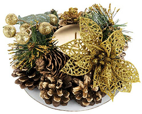 Adventsgesteck Künstlich,Weihnachtskranz Künstlich für Weihnachten,mit Kerzenhalter,mit Goldenen Durchbrochenen Blumen,für Weihnachtsdeko Innen,15cm
