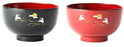 Yamako Bol à Soupe Miso et Riz Cuisine Japonaise, Imitation Laqué en Plastique Durable, Design de Lapins, Lot de 2 Bols Noir et Rouge 400ml, Fabriqué au Japon