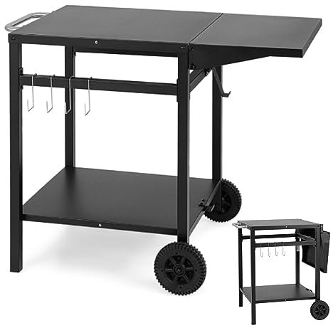 GiantexUK Grill Dining Cart, Outdoor Movable BBQ Trolley with Foldable Countertop, Wheels, Double Shelves, Handle & 5 Hooks, Food Prep Pizza Oven Table Serving Cart for Garden Backyard Patio Kitchen