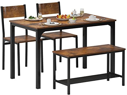 sogesfurniture Essgruppe 4-teilig, mit Esstisch 110 * 70 * 76cm, 2 Stühlen, eine Sitzbank in Metallgestell, Rechteckig Küchentisch-Set mit Ablagefläche für Wohnzimmer, Esszimmer, Vintagebraun
