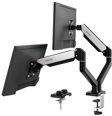 NearHub Dual Monitor Desk Mount for 13-32 Computer Screen,Adjustable Gas Spring Monitor Arm,Each Arm Holds 4.4 to 22 lbs,Swivel/Tilt/Rotation,VESA 75X75mm 100X100mm,C Clamp & Grommet Mounting Base