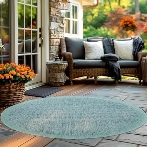 Carpettex In & Outdoor Teppich Wetterfest 120 cm Rund Blau - Sisal Optik Balkon Teppich Waschbar, Wasserfest und Flachgewebe - Ideal als Teppich für Küche, Terrasse, Garten und Camping