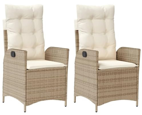 vidaXL Gartensessel mit Kissen 2 STK., Gartenstuhl mit Verstellbarer Rückenlehne, Liegestuhl mit Stahlrahmen, Sessel Stuhl Relaxsessel, Beige Poly Rattan