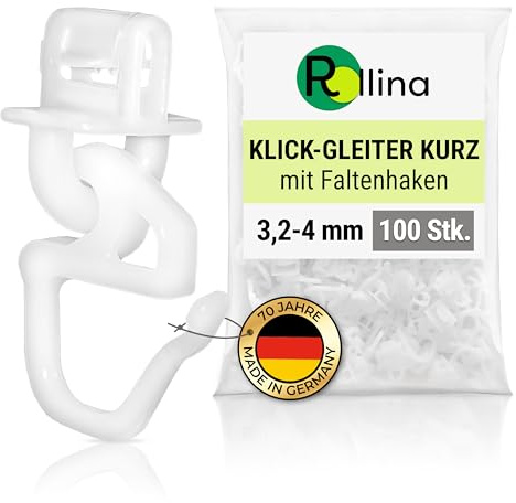 Rollina Klick - Gancho para cortina para riel de cortina con carril interior de 3,2 – 4 mm, gancho corto para cortina, también para caravanas, autocaravanas, camiones, 100 unidades, fabricado en