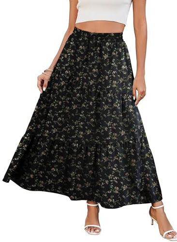 Timuspo kjol dam lång med fickor maxi kjol hög elastisk midja sommar A-linje enfärgad flytande sommarkjol ledig elegant blommor veckad kjol strandkjol veckad kjol, Blomma svart, L