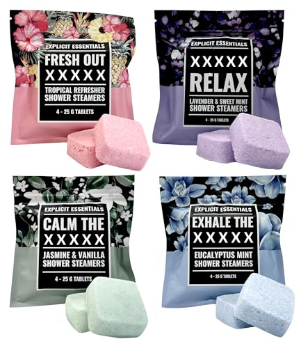 Explicit Essentials Shower Steamers Gift Set | 4 Funny Handmade Aromatherapy Shower Bombs | Relaxation & Stress Relief Spa Gift for Self-Care, Birthdays & Holidays