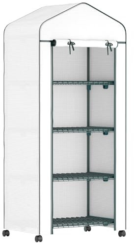 Outsunny Gewächshaus mit Rolle, Regale, Winterfest Foliengewächshaus aus Stahl, Treibhaus für Balkon, Garten, Tomatenhaus 69 x 50 x 165 cm, Tomatengewächshaus für Tomaten, Blumen, Pflanzen Weiß