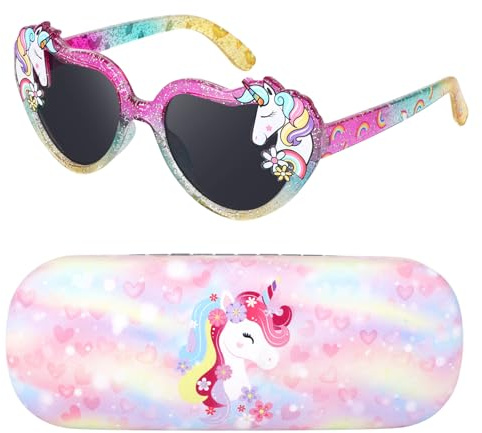 Beipegin Lunettes de Soleil Coeur UV400 pour Enfant, Etui et Design Licorne