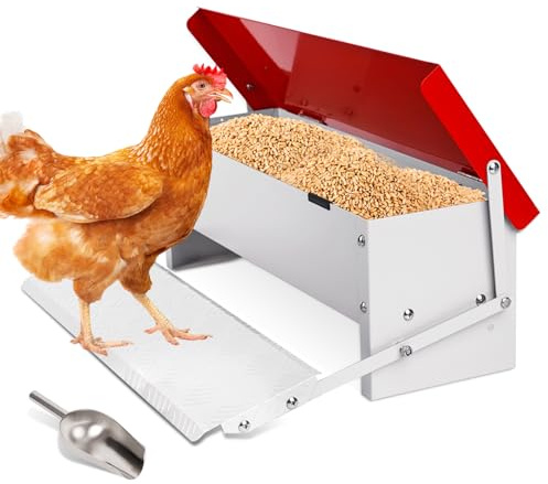 Comedero Automático para Gallinas, 7 Kg Metal con Pala de Acero Inoxidable, Comedero de Patos Para Exteriores, Sin Desperdicios con Tapa Resistente a la Intemperie para 6-12 Gallinas