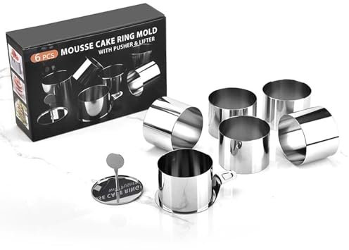 Stainless Steel Cake Ring Set, with Food Press & Spatula - Round Baking Moulds for Crumpets, Mousse, Pastry, Desserts - Durable Cooking Rings for Home & Professional Chefs