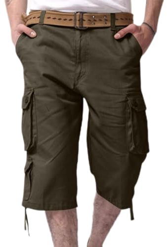RLEHJN 3/4 Length Cargo Shorts Men UK Sale Clearance, Mens Summer Shorts Elasticated Waist Casual Lightweight Cropped Trousers Solid Color Drawstring Three Quarter Pants with Multi Pockets