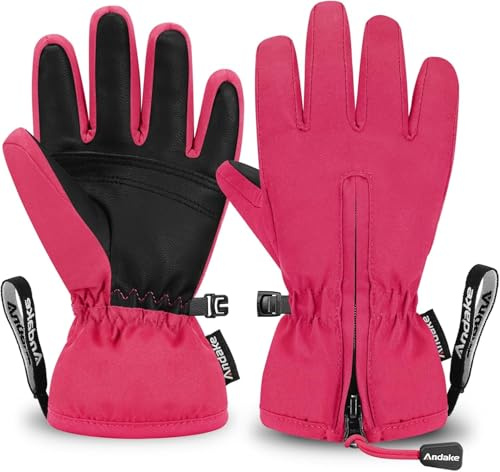 Andake - Guanti invernali per bambini, antivento, impermeabili, caldi, per sci, sport all'aria aperta, equitazione, per ragazzi e ragazze (Rosa, 9-12 anni)