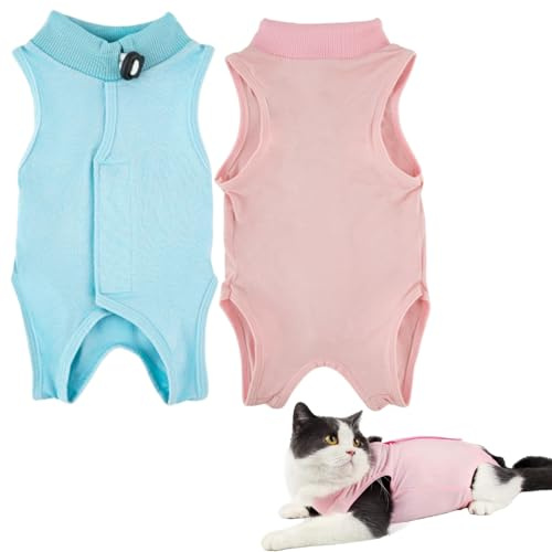 Paquete de 2 trajes de recuperación para gatos, traje quirúrgico suave y transpirable, tela modal, rosa y azul, talla M (2-4 kg)