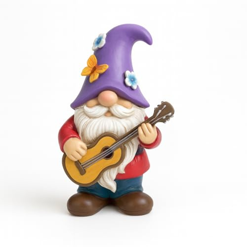GoGnome Musical Gnome Figurine with Guitar – Handcrafted Resin Garden or Shelf Decoration, 6.2 Tall Whimsical Gnome Statue with Purple Hat, Flowers & Butterfly, Gift for Music Lovers (Purple)