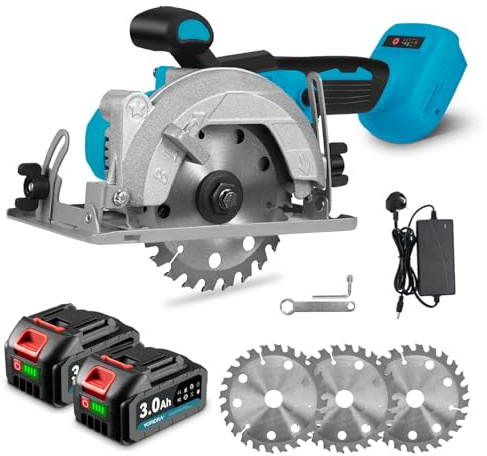 Yofidra Cordless Circular Saw 6000RPM Brushless Motor with 2x3000mAh Batteries & Charger, 125mm Mini Circular Saw, 45mm Cutting Depth, 0-45° Adjustable Angle, 3 Speed Settings, 3 Saw Blades for Wood