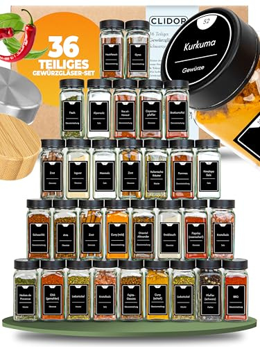 CLIDOR Gewürzgläser eckig [36 x 125ml], Luftdichte Gewürzgläser mit Streueinsatz + 248 wasserfeste Gewürzetiketten, Gewürz Organizer & Gewürzdosen, Gewürzstreuer zum Nachfüllen, Deckel in Mattschwarz