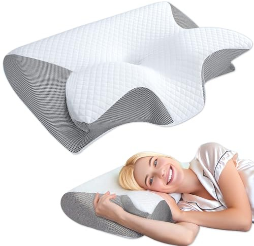 Tbintul Almohada Cervicales y Cuello, 2 en 1 Almohada Ergonómico Espuma de Memoria, Almohadas Ortopedica, Memory Foam Pillow with Removable Pillowcase for Side,Back, Stomach Sleepers (Gris)