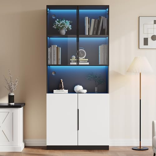 phosir Vitrine en verre 80 x 30 x 200 cm - Vitrine de collection avec éclairage LED et commande pour smartphone, portes en verre, étagères réglables - Pour salon, blanc/noir