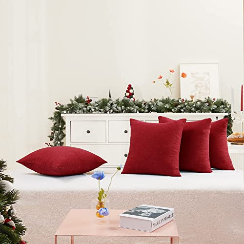 Deconovo Kissenbezüge Leinen Optik Kissenhülle Sofa Dekokissen Kissenüberzug, 40x40 cm, Rot, 4er Set