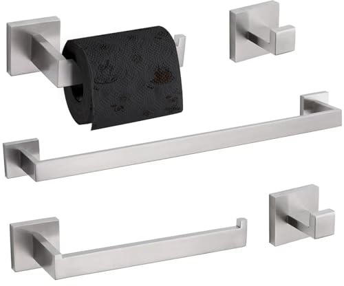 TURS Set di 5 accessori da bagno in acciaio inox opaco nero e oro spazzolato porta asciugamani porta asciugamani e 2 ganci per asciugamani, montaggio a parete in acciaio inox… (argento spazzolato)