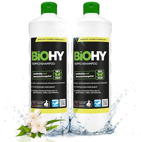 BiOHY Champú para alfombras (2 botellas de 1 litro) | Limpiador de alfombras concentrado | elimina las manchas rebeldes | bien tolerado por los animales amigable con los materiales (Teppichshampoo)