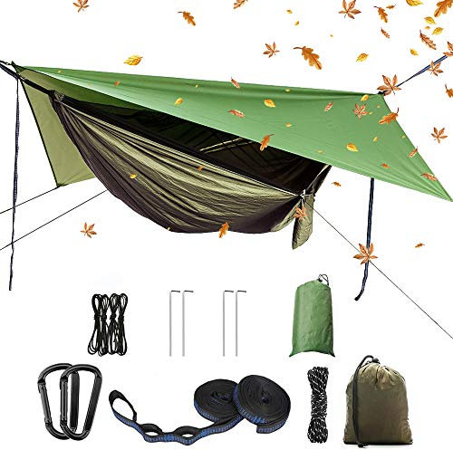 YCD Camping Hängematten Set, Einzel Doppel Hängematte, Moskitonetz, Insektennetz, Regenfliege, hochfestes Fallschirm Stoff Hängebett. Geeignet für Outdoor, Wandern, Camping, Reisen