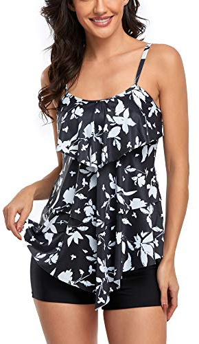 FLYILY Women 2 Piece Tankini Swimsuits Flounce Printed Top with Boyshorts Plus Size Swimwear Bathing Suit (BlackLeaf, XL)