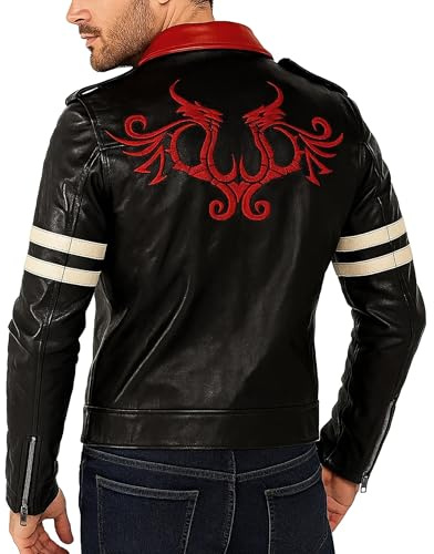 III-Fashions Men's Black Motorcycle Genuine Leather Biker Jacket with Embroidered Design – Halloween Costume Cosplay Outfit