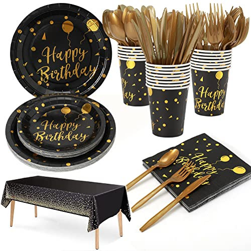 141 pieces Happy Birthday partygeschirr Set | Schwarz gold pappteller geburtstag partygeschirr geschirrset, Tablecloth, Plates, Cups, Napkins,Party For Birthdays Aus 100% Papier(20 Gästes)