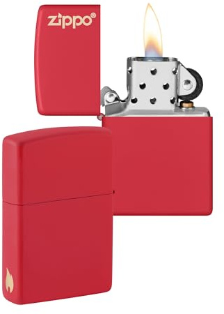 Zippo Stormtändare – Röd matt med logotyp, och graverad flamma på sidan, påfyllningsbar, återanvändbar, vindskyddad, presentförpackning, tillverkad i USA – Amazon Exclusive