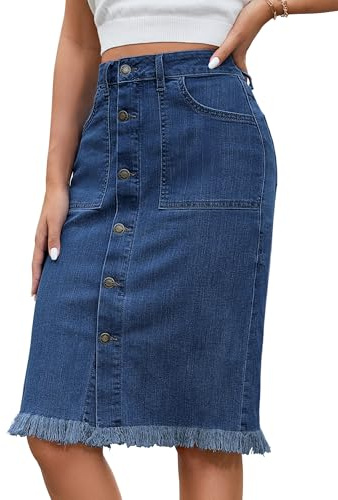 luvamia Women's Casual Denim Midi Skirt Mid Rise Button Down Stretchy Denim Jean Skirt Vintage Blue Large (Size 12- Size 14)