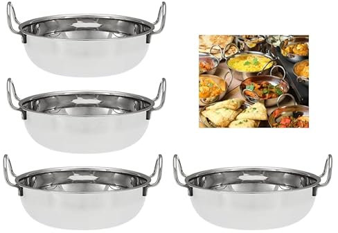 U COOK Balti Dish Set of 4. Stainless Steel Kadhai, Curry Bowel and Indian Cuisine Dishes. Multipurpose Indian Serving Karahi Restaurant Style Food Cooking and Serving Handled Dishes. (13cm x 4 Pack)
