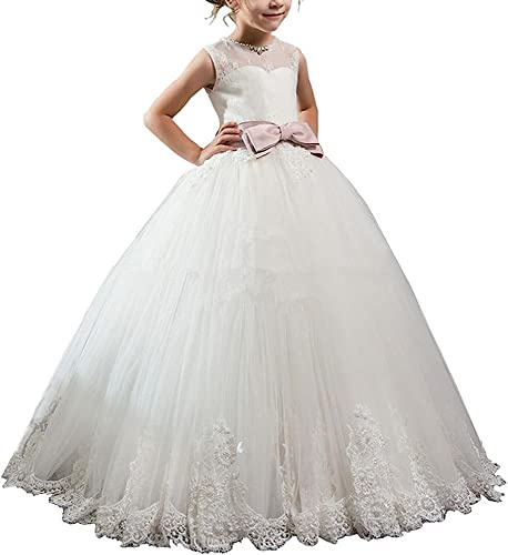 Fuomomo Vestidos de Fiesta Elegantes Vintage Vestido de niña de Las Flores de la Boda Vestidos de comunión para niñas de Flores con Adornos de Encaje de 2 a 14 años