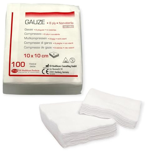 DE Healthcare Products – Mullkompressen (100 Stück), 10 × 10 cm, 8-fach gelegtes Wundmaterial, unsterile Wundauflagen, 100% faserfreie Baumwolle