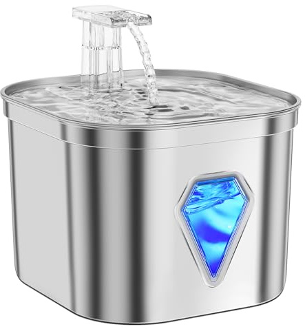 Tyonto Dispensador de Agua para Gatos y Perros Acero Inoxidable Desinfección, USB Recargable, Ultrasilencioso, Filtro de Doble Esponja de Carbón Activo de 5 Capas, Luz LED Gato Perro Fuente