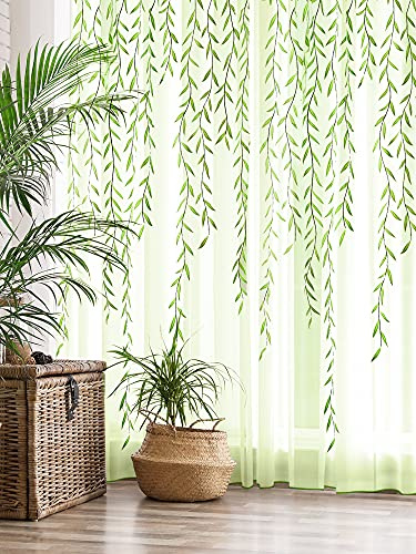 Breling Willow Voile Curtains Cute Green Sheers Leaf Tulle Vine Window Sheers Ivy Pretty Curtain for Living Room Bedroom Window Door Balcony(52x78.7inch,Print Style,2)