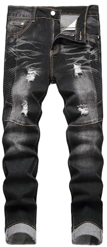 Herr smal passform stretch rippade jeans last skinny för män, slitna förstörda raka ben mode komfort flex midja jeans, tonåring vardaglig mode designer klassisk normal passform basic denimbyxor, C