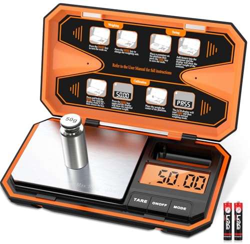ORIA Báscula Digital de Bolsillo, 500g/0,01g Báscula de Cocina de Alta Precisión con Pesa de Calibración de 50g, 6 Unidades, Función de Tara, Pantalla LCD Retroiluminada (batería incluida) - Naranja