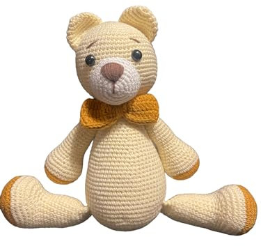 GÜLS Bär, Stofftier, Kuscheltier, Teddybär BOBO Geschenk für Jede Generation, 25 cm lang, gehäkelt, Kinder, Baby, Amigurumi Geburstag Spielzeug Handmade, Handarbeit Naturell