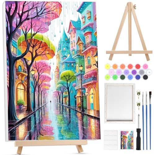 Bowetile Petite Ville Peinture par Numéros pour Adultes Avec Cadre,Kit Paysage Peinture Numero pour Adultes Débutants Kit Toile avec Chevalet en Bois, DIY Peinture Acrylique pour Décoration 20x30cm
