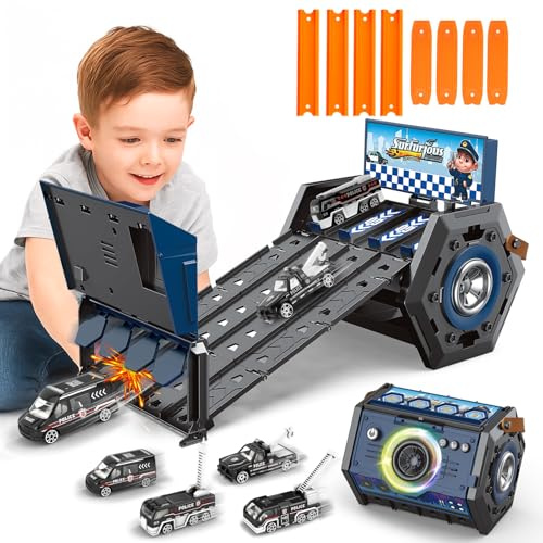 Charmofun Mini Autorennbahn für Kinder mit Licht & Musik, Auto Rennbahn für Kinder mit 4 Spuren, 4 Autos, Tragbare Autorennbahn Spielzeug Geschenk für Jungen ab 5+ Jahren (Blau)