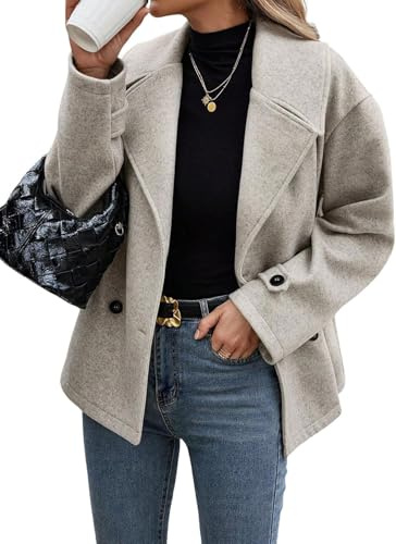 Lazutom Chaqueta de lana corta para mujer con doble solapa para invierno, abrigo corto de ajuste suelto y estilo elegante, gris claro, XXL