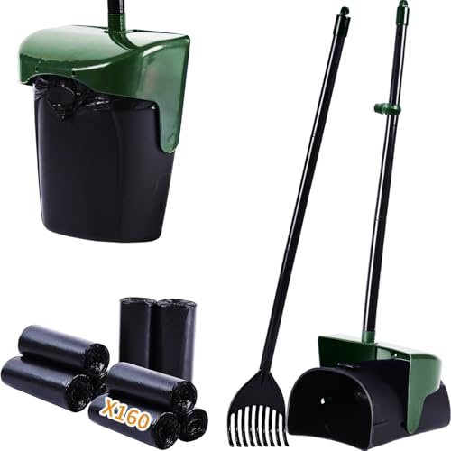 ienjoyed Pooper Scooper Large Swivel Bin & Rake with 160 Waste Bags,Heavy Duty Dog Pooper Scooper with Bag Attachment for Dogs, Long Handle Poop Scooper with Lid for Yard, Grass, Gravel(Dark Green)