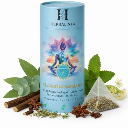 HERBALINEA Infusión de Hierbas Naturales – Té Chakra Garganta | 15 Pirámides Premium (30g) | Menta, Eucalipto, Salvia, Tomillo, Tilo, Anís | Claridad y Bienestar Interior | Sin Cafeína