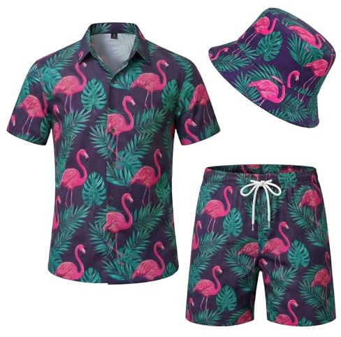 Moerstar Mens Hawaiian Shirts with Shorts and Bucket Hat, Tropical Floral Flamingo Palm Tree Short-Sleeve Hawaiian Shirts for Men Women