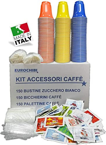KIT ACCESSOIRES CAFÉ AVEC 150 SACHETS DE SUCRE + 150 GOBELETS + 150 AGITATEURS - EUROCHIBI® LIGNE DE HAUTE QUALITÉ